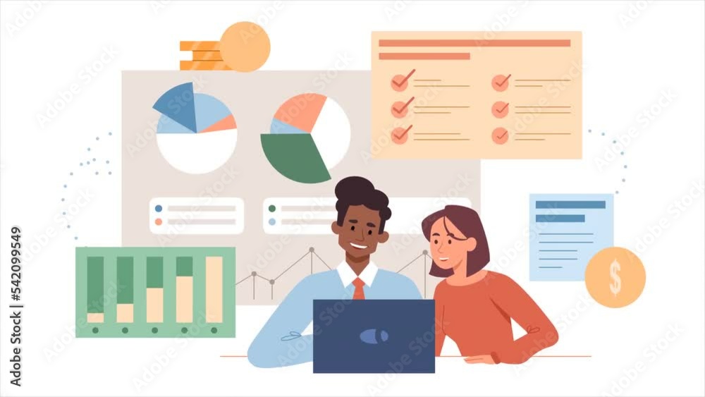 Financial analysis video concept. Moving man and woman consultants or accountants studying financial statistics, graphs and charts. Sales growth, budget management. Flat graphic animated cartoon