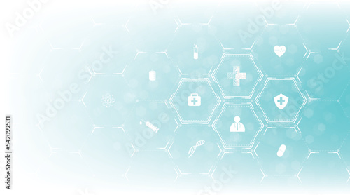 Medical concept background vector design. Healthcare and science icon on blue hexagon pattern background.Vector illustration.