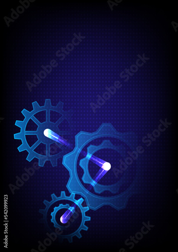 Gears icon vector dark blue tech background, cogwheel pictograma. Mechanical industry elements, motor or clock circle parts with cogs. Machinery cogwheel gears illustration. Flat icons motion symbols.