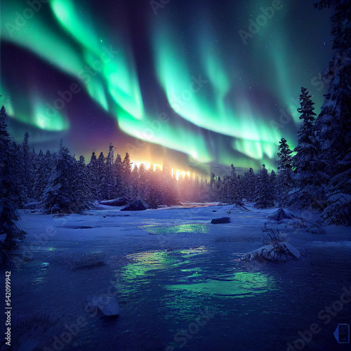 Looking directly into the aurora borealis on a clear, starry night in winter time with green, flowing, swirling bands in the sky above with northern lights. © Farid