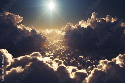 3D rendered computer generated image of heaven. Heavenly light above the clouds shows majestic and epic sky landscape inhabited by God and His angels (not pictured)