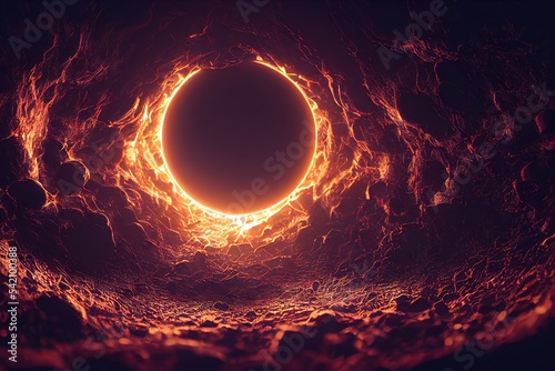 3D rendered computer generated image of Christian hell. A hellish landscape with hellfire and brimstone, this satanic underground home is hot and filled with demons (not pictured) photo