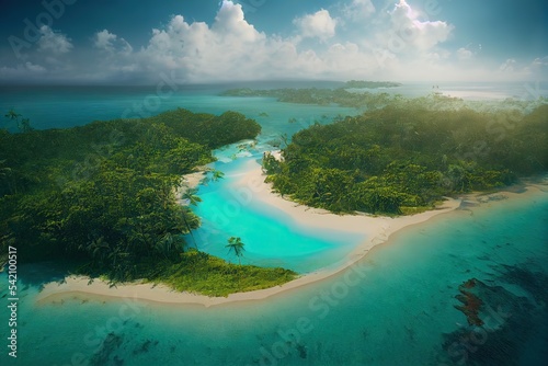 3D rendered computer generated image of a tropical deserted island. Often used by pirates (accessible through pirate bays), this lush greenery and sandy beaches is surrounded by blue ocean for miles