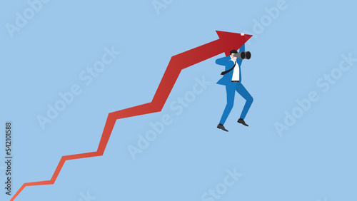 A businessman hangs a rise red arrow with a telescope. Concept of business opportunity, investment, success, market prediction, forecast, career develop, profit, growth, wealth, vision, and mission.