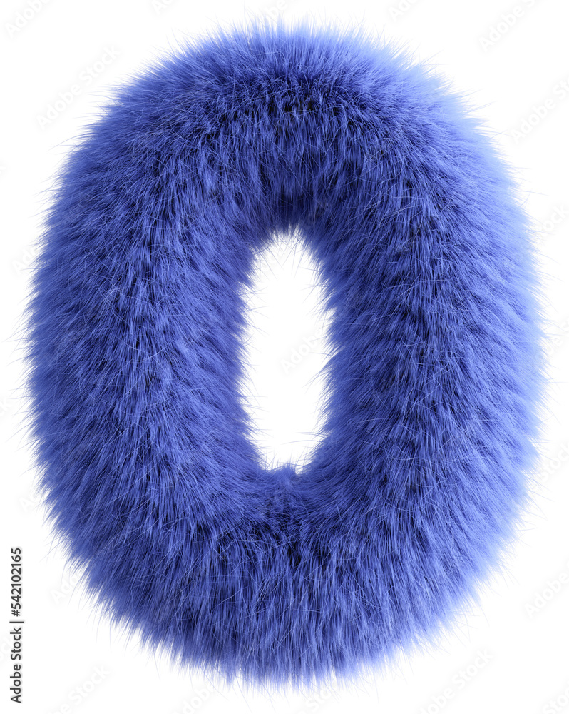 Blue 3D Fluffy Number Zero. 3d render illustration isolated on transparent background
