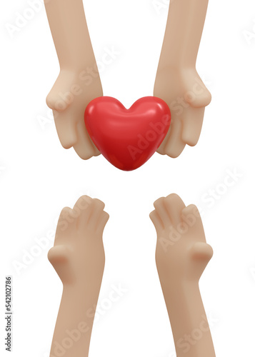 3D Rendering of hand holding heart concept of charity donation. 3D render illustration cartoon style.