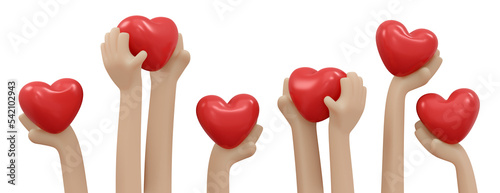 3D Rendering of hand holding heart concept of charity donation. 3D render illustration cartoon style.