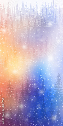 Dreamy winter forest, snowfall and bokeh effect, bright holiday background, vertical banner
