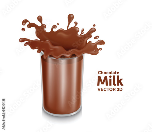 Chocolate milk or cocoa milk splash on a clear glass cylindrical