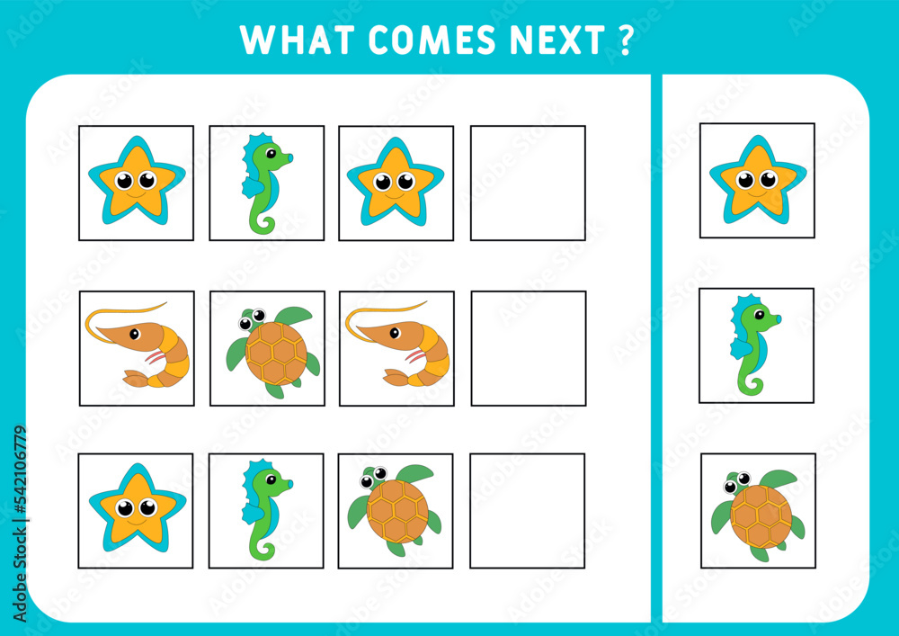 Marine theme. What comes next. What will happen next.   Vector illustration. Educational logic game for children. Continue the sequence. Activity page for preschoolers