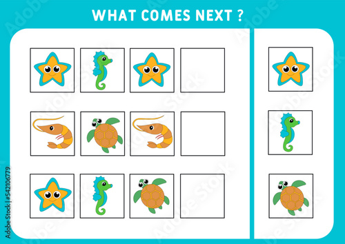 Marine theme. What comes next. What will happen next.   Vector illustration. Educational logic game for children. Continue the sequence. Activity page for preschoolers