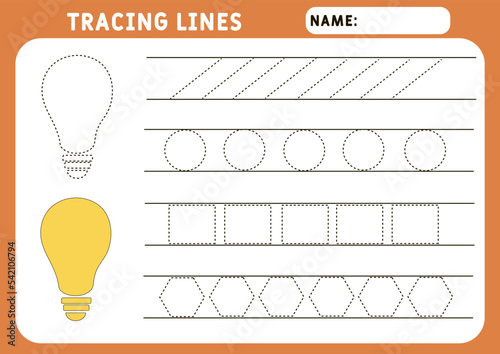 Trace line worksheet for kids. Basic writing. Working pages for children. lamp. Preschool or kindergarten worksheet. Trace the pattern. Illustration and vector outline - A4 paper