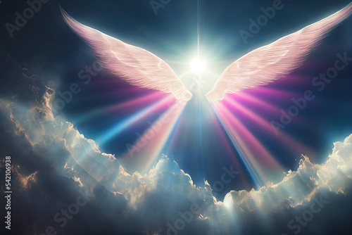 Angel spirit with long wings in heaven. Generative AI photo