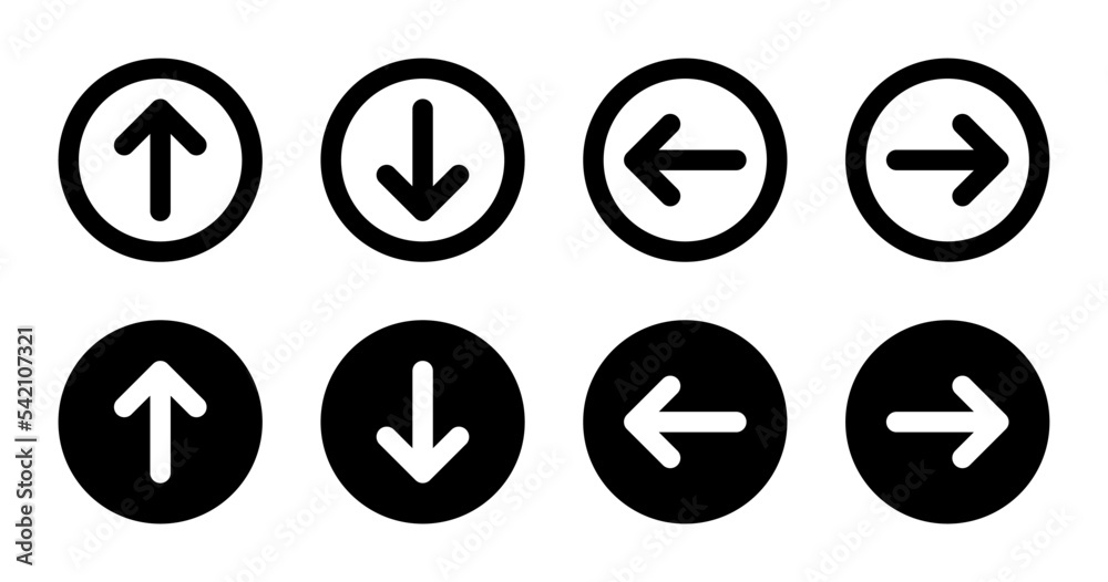 up down left right arrows, round vector icons set