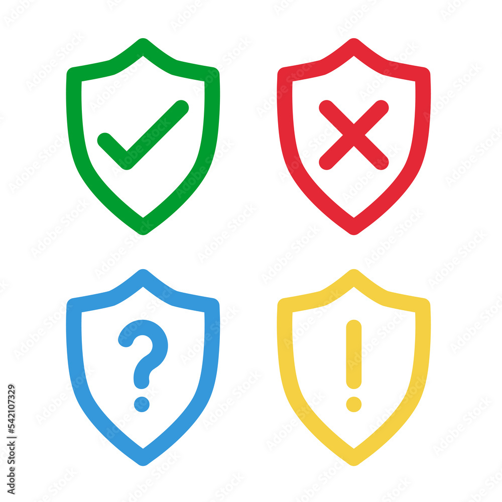 green check and red cross symbols, blue question mark and yellow exclamation point, shield thin line vector icons set green check and red cross symbols, blue question mark and yellow exclamation point, shield thin line vector icons set