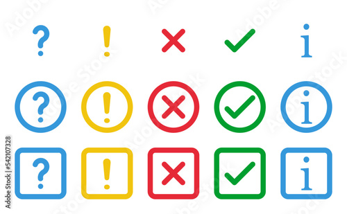 check box, question mark, exclamation point, information sign, vector icons set