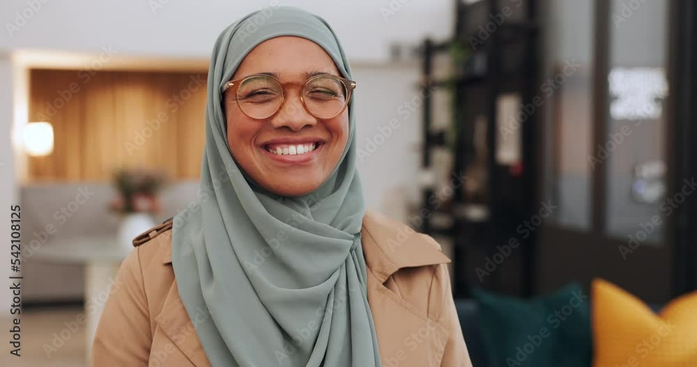 Happy, smile and muslim with a business woman laughing alone in her office at work. Portrait, funny and islamic with a female employee in a hijab working with a positive or carefree attitude Happy, smile and muslim with a business woman laughing alone in her office at work. Portrait, funny and islamic with a female employee in a hijab working with a positive or carefree attitude