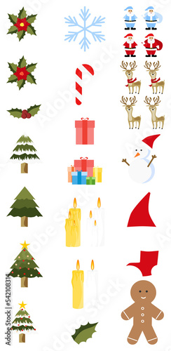 PNG set of Christmas icon set with trees, snow, ice, snowman, ginger man, leaves, berries flowers, and santa with deers.