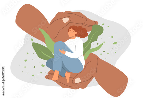 vector illustration in a flat style on the theme of psychological safety, care. the girl sits on a big hand, hugging her knees