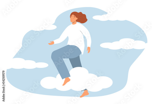 vector illustration in a flat style - on the theme of good psychological well-being, mental health. happy girl jumping on the clouds