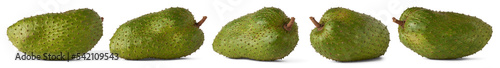 cherimoya, annona muricata, irregular and oblong shaped large edible fruit also known as custard apple or soursop, sweet taste tropical fruit on white background, collection