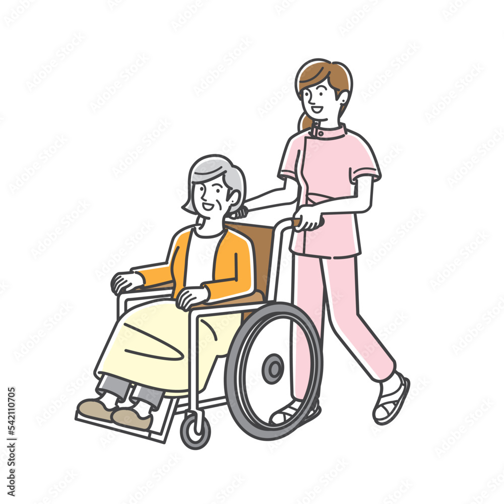 車椅子に乗る高齢女性と看護師