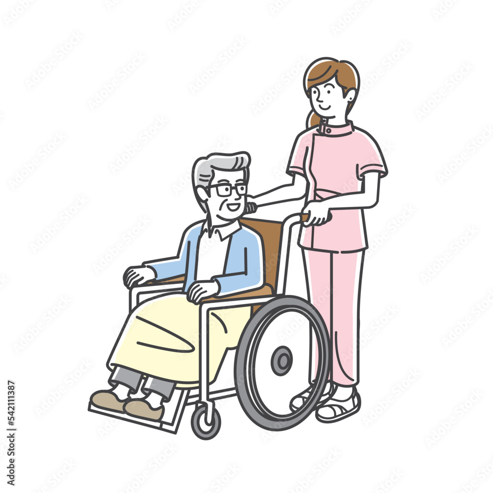 車椅子に乗る高齢男性と看護師