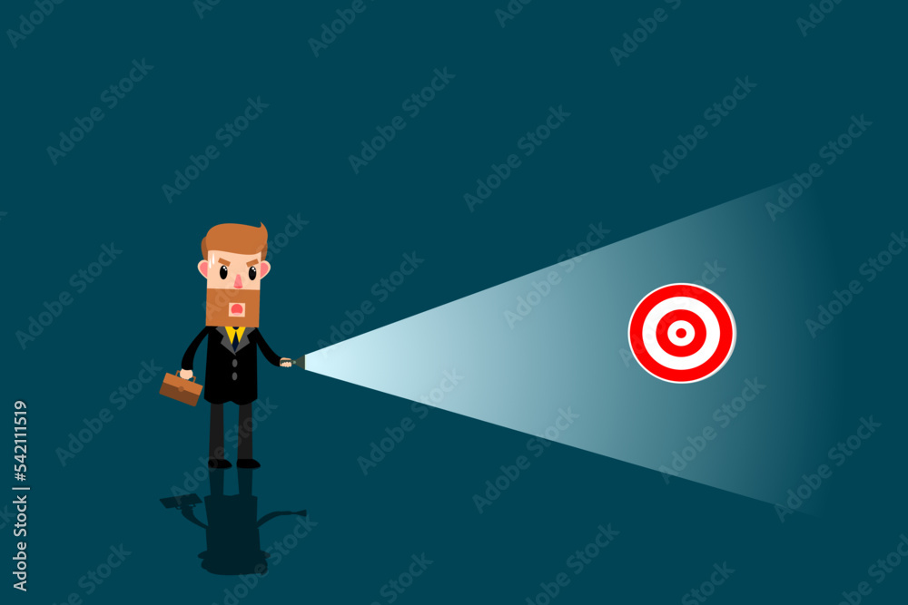 Businessman use flashlight uncovering hidden target. Finding success goals. Business Concept. Vector illustration Businessman use flashlight uncovering hidden target. Finding success goals. Business Concept. Vector illustration