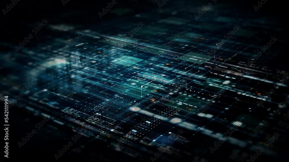 Futuristic abstract de-focus flowing data matrix, meta, metaverse, telemetry and encrypt numbers display with particles simulation in cyber space environment for head up display background