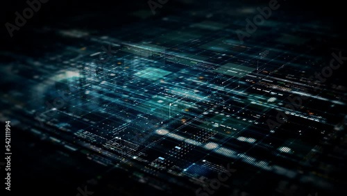 Futuristic abstract de-focus flowing data matrix, meta, metaverse, telemetry and encrypt numbers display with particles simulation in cyber space environment for head up display background