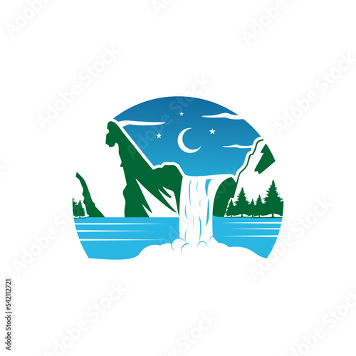Waterfall River Mountain Forest Logo Vector photo