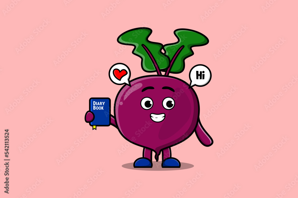 Cute cartoon Beetroot character holding diary book illustration with happy expression