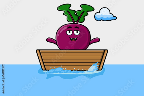 cute cartoon Beetroot get on boat in vector character illustration