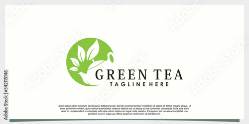 green tea logo design with leaf and teapot creative concept