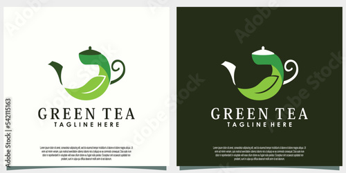 green tea logo design with leaf and teapot creative concept