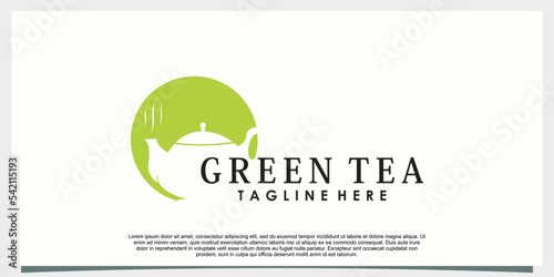 green tea logo design with leaf and teapot creative concept