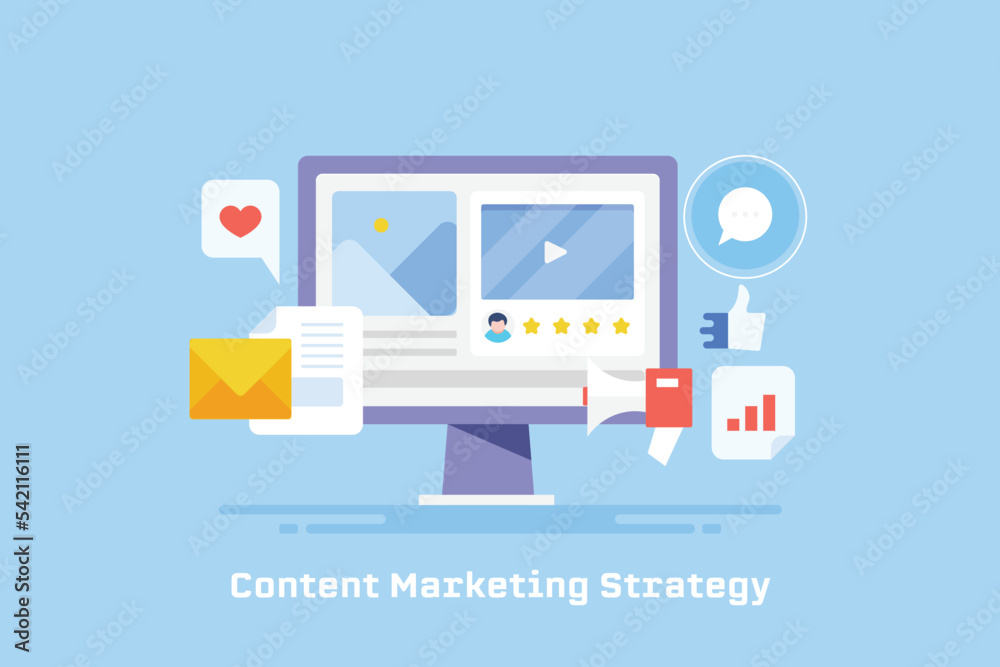 Illustration of content marketing strategy. Audience oriented content creation and publishing on web.