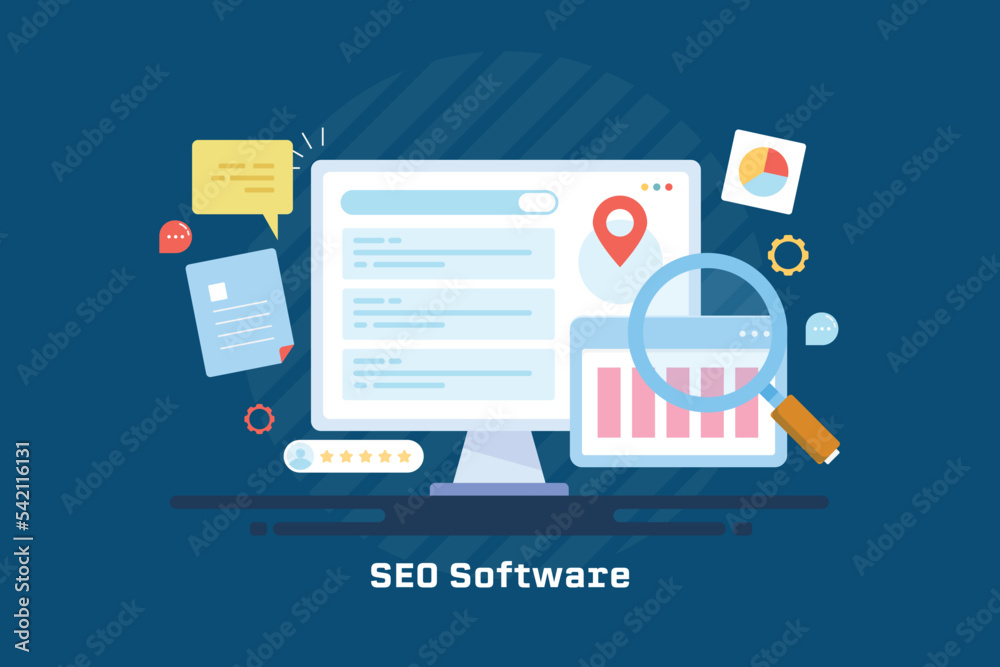 SEO software managing website data and improving search engine ranking conceptual technology background.