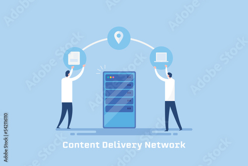 CDN server distributing content and media to users in different location illustration concept.