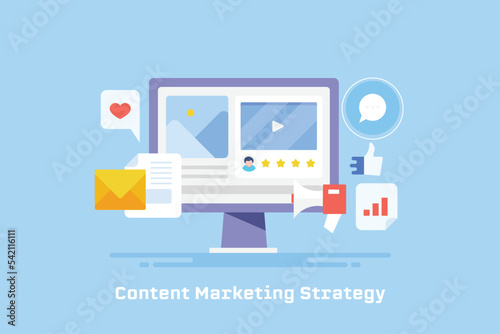 Illustration of content marketing strategy. Audience oriented content creation and publishing on web.