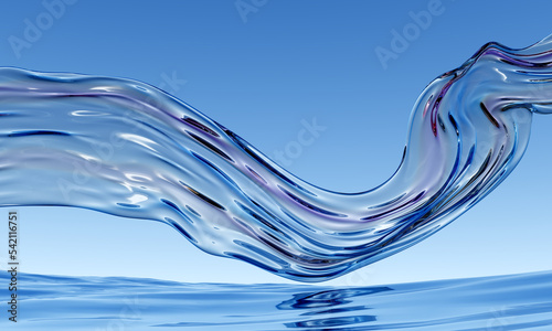 3d abstract glossy wavy background. Transparent glass ribbon flying on water reflection surface. Iridescent realistic 3d high quality render