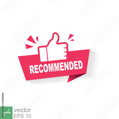 Red vector illustration banner recommended with thumb up. Best recommend icon stamp. Good price deal, like seller sticker, great quality label, guarantee seal. EPS 10.