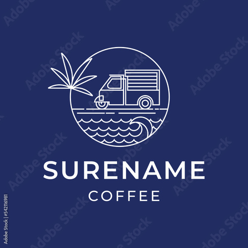 tuk tuk vehicle coffee beach logo with palm illustration custom logo design vector illustration