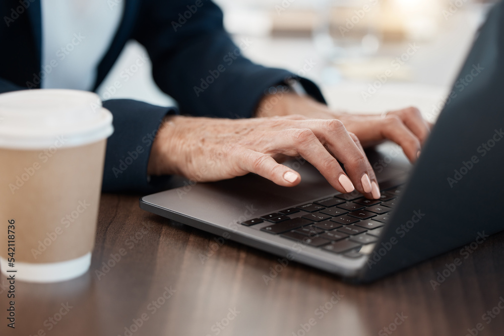 Laptop, typing and copywriting hands of business woman for website, blog update or social media management with coffee for productivity. Writer with digital marketing, email communication or web post Laptop, typing and copywriting hands of business woman for website, blog update or social media management with coffee for productivity. Writer with digital marketing, email communication or web post