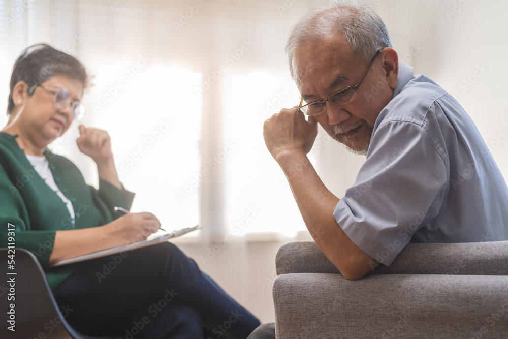 Psychology, depression people. Elderly asian patient man, male consult ...