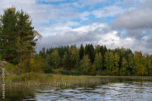 View of Lake Ladoga near the village Lumivaara on a sunny autumn day, Ladoga skerries, Republic of Karelia, Russia