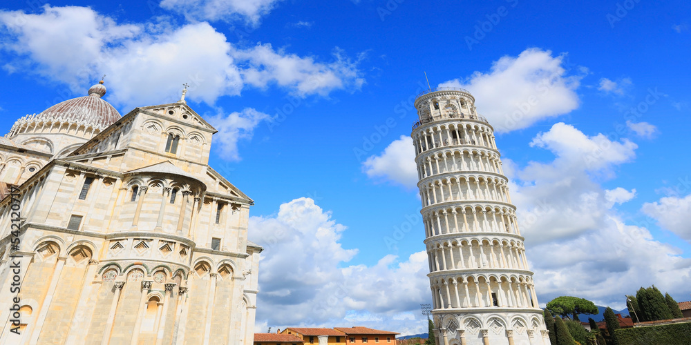 The Leaning Tower of Pisa in Pisa - Italy as blue sky background