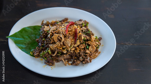 This is Thai food spicy minced pork salad . Thai name " Larb Moo ".  Northern Thai food, spicy minced pork salad (Larb Moo Kua)