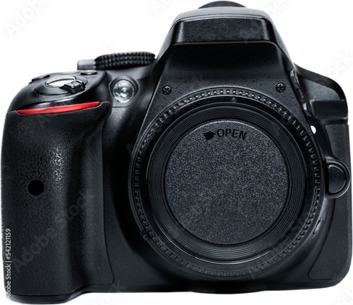 Black digital SLR camera body with body cap on