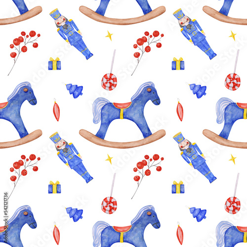 Photography A rocking horse, candies, ilex, nutcracker, gift box, Christmas tree, and ornament on a seamless pattern on a transparent background